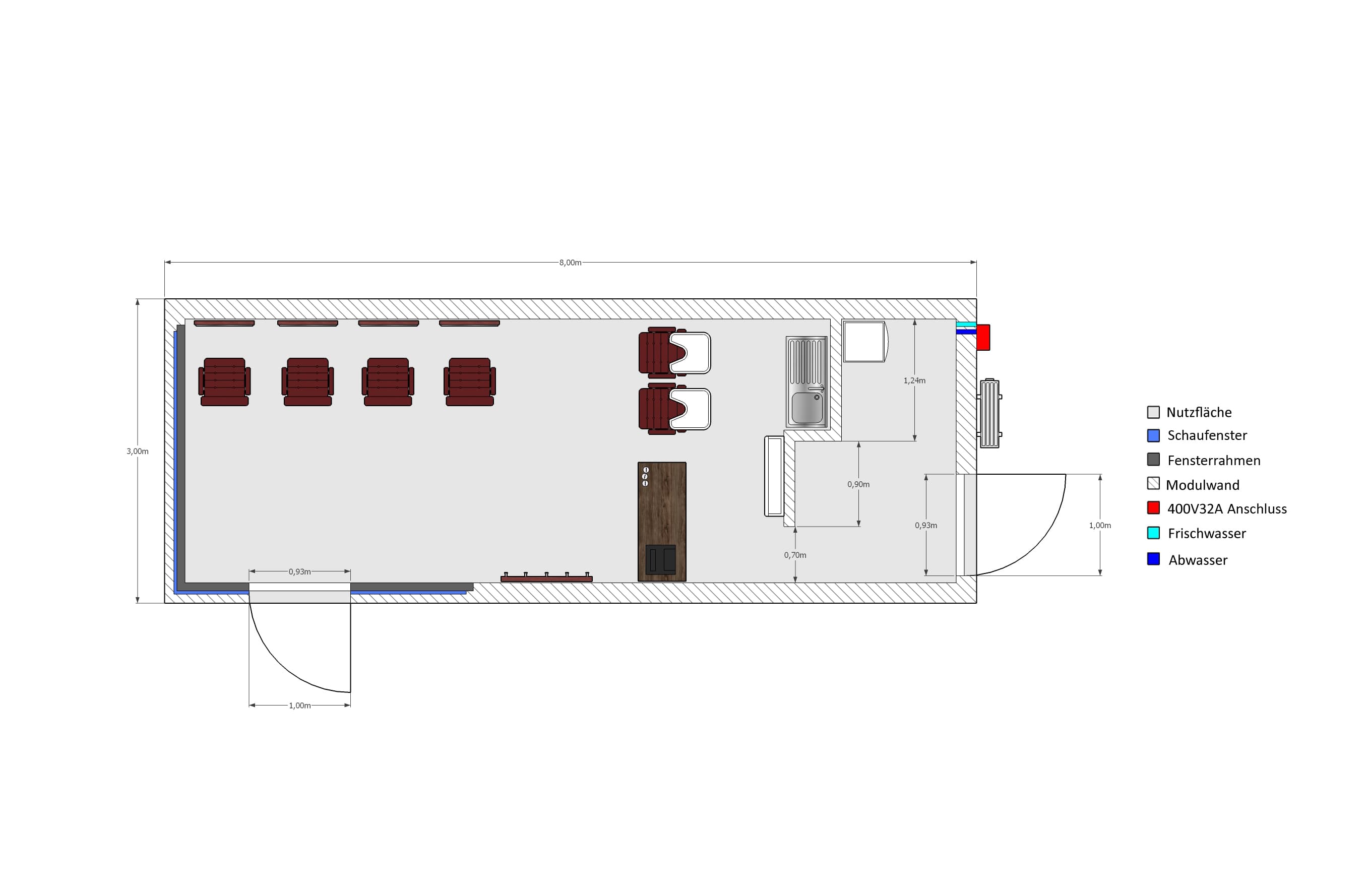 Friseur Verkaufsmodul 8x3m